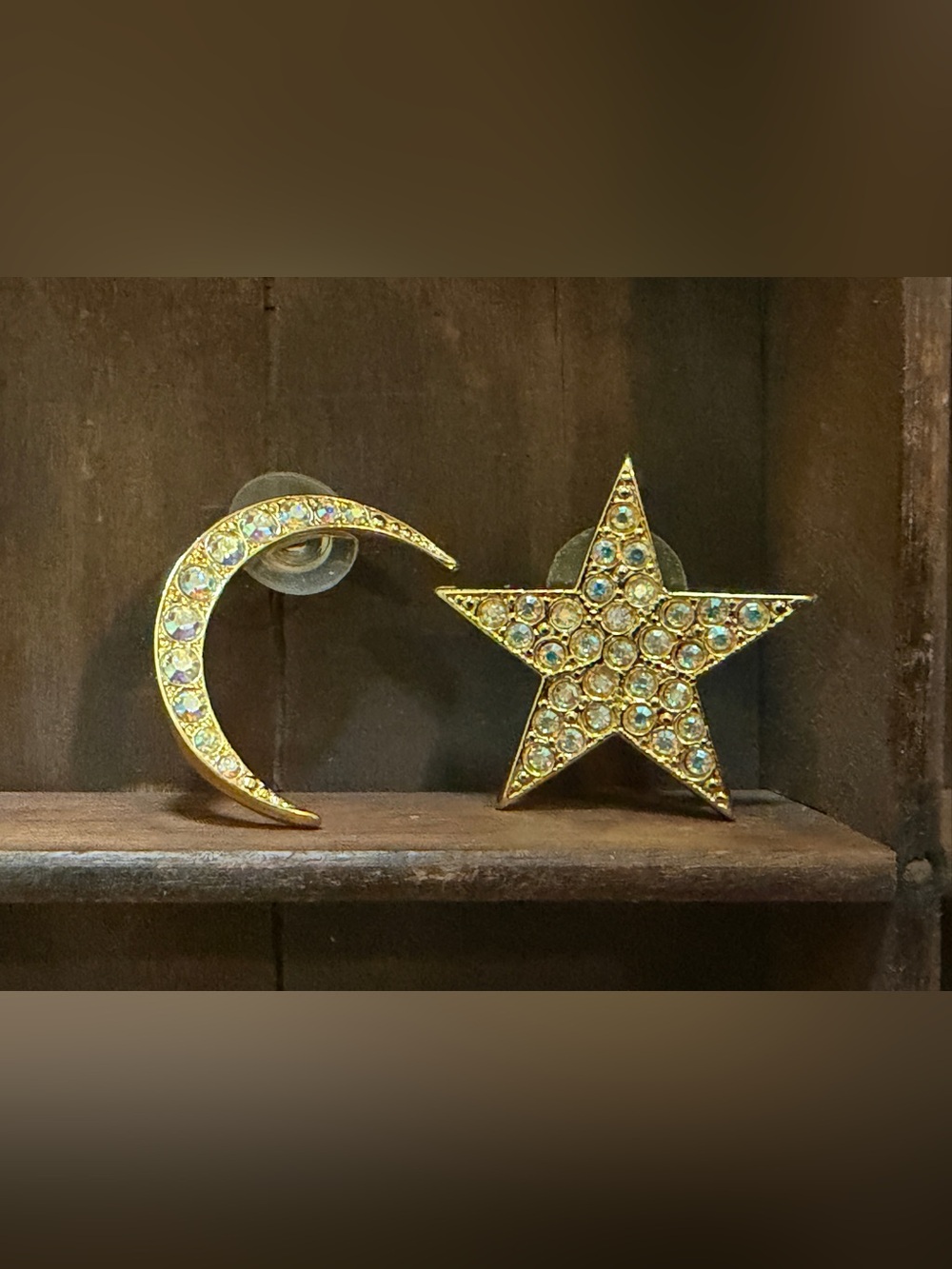 Vintage Kirks Folly Goldtone Celestial AB Rhinestones Moon Star Stud Earrings